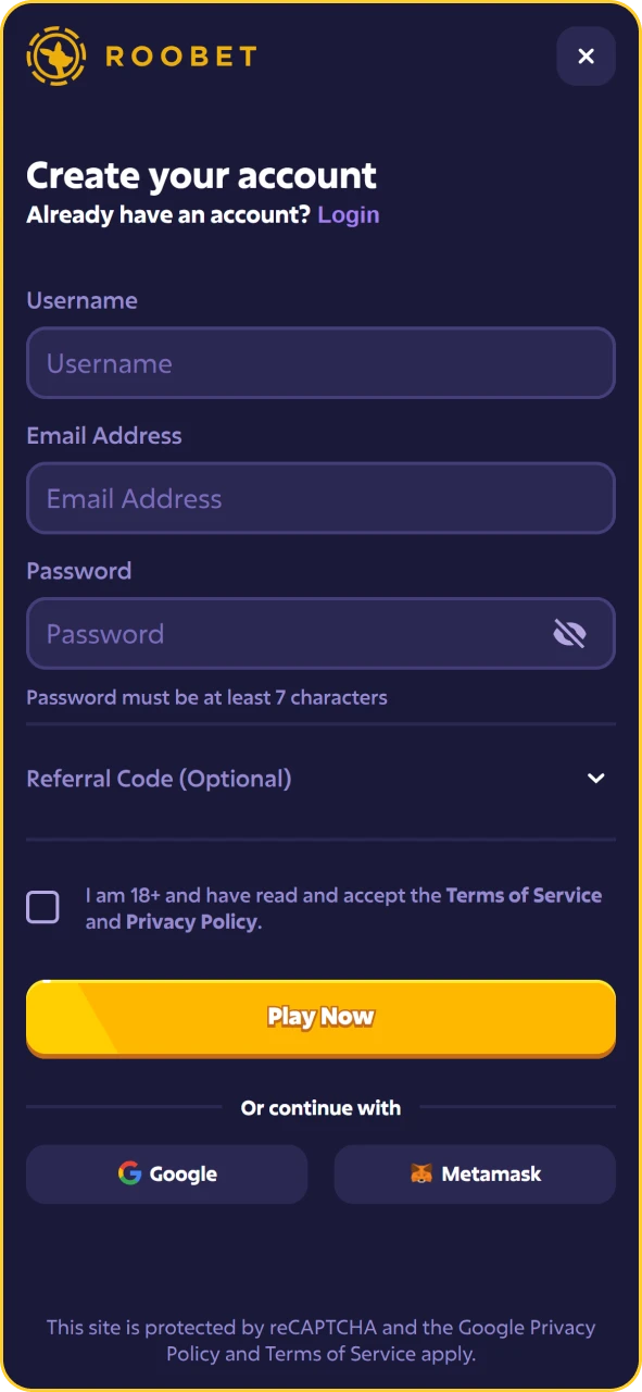 Input fields for username, email, and password on the Roobet sign-up screen.