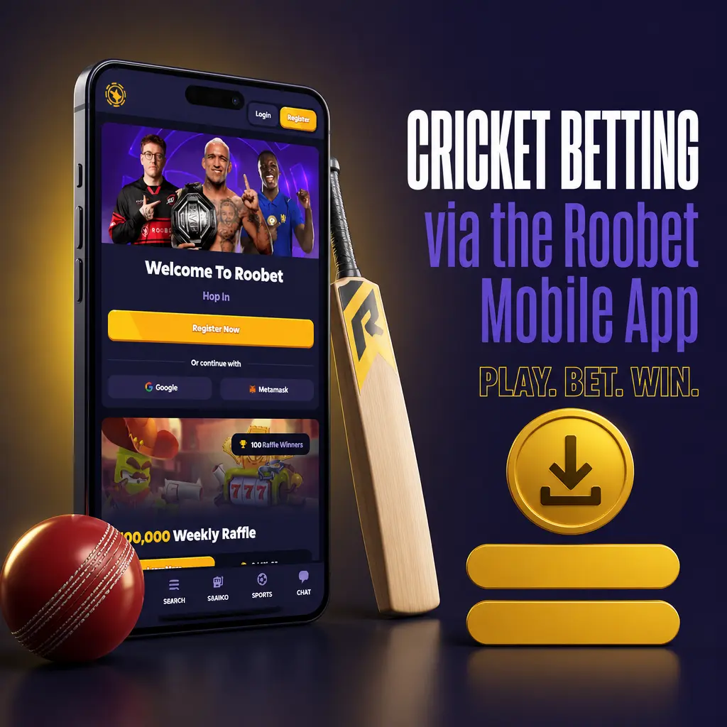 Roobet mobile app screen showing live cricket betting options for India users, including next over and run total bets.