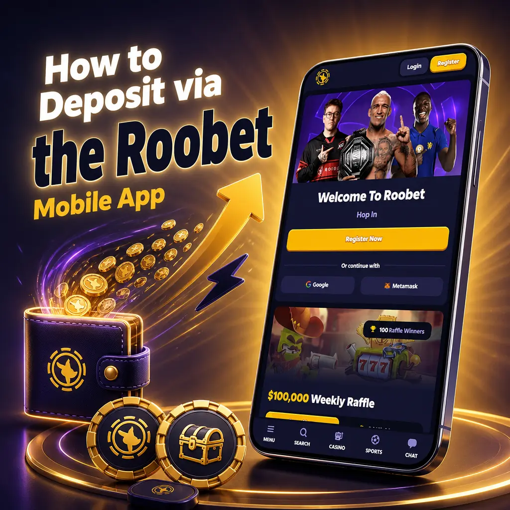 Steps to deposit funds via Roobet's mobile web app using the Cashier menu on a smartphone browser.