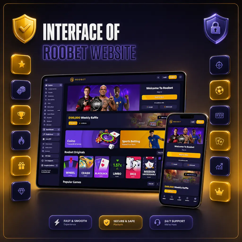 Roobet website interface showing dark navigation bar with Casino, Sports, Live Casino, Promotions, and VIP tabs