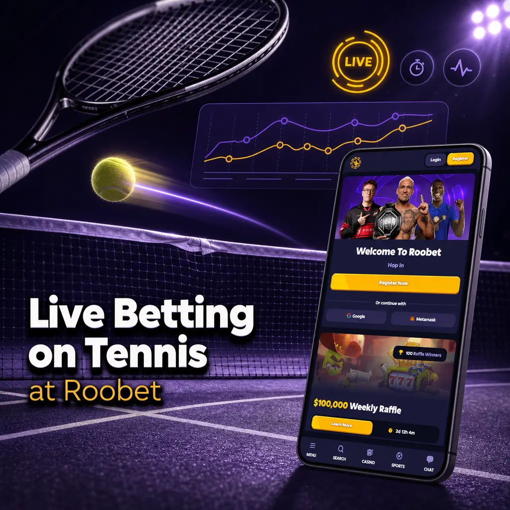 Live tennis betting odds and real-time scoreboard on Roobet with cash out option shown on a match page