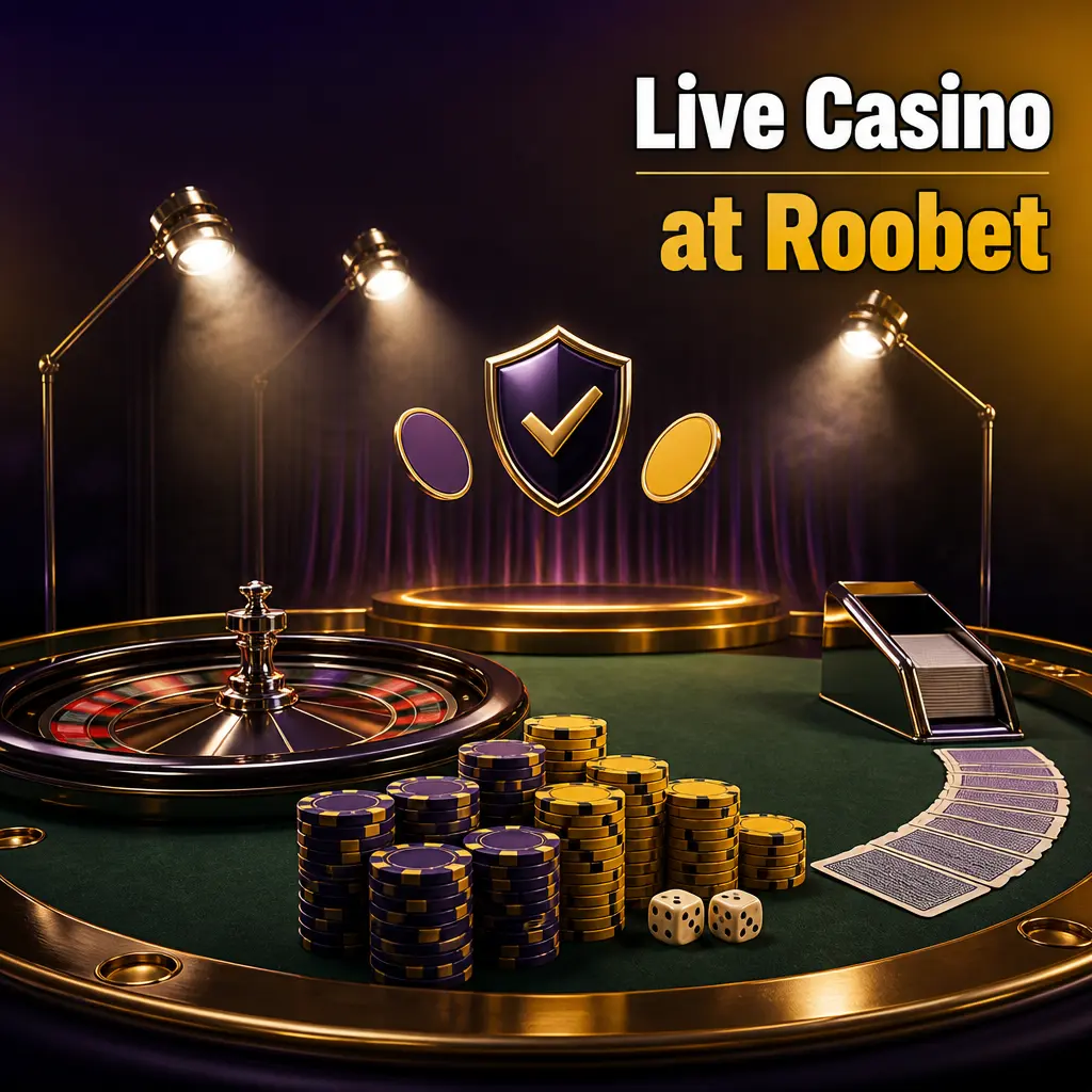 Live blackjack, roulette, and baccarat with a real dealer streamed from a studio, plus chat and betting spots on screen at Roobet