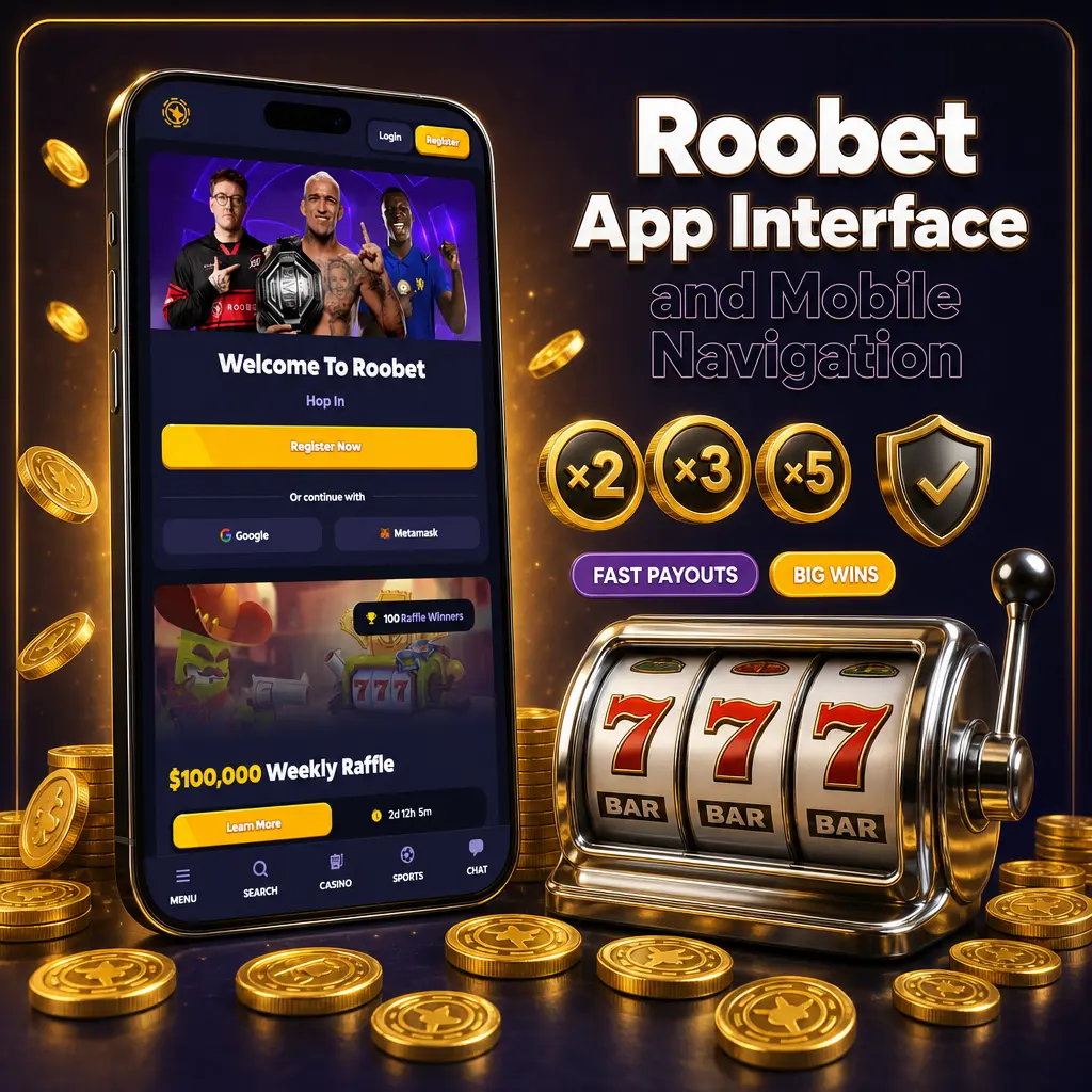 Roobet mobile app interface showing bottom navigation bar with Sportsbook, Casino, Live Casino, and Profile tabs