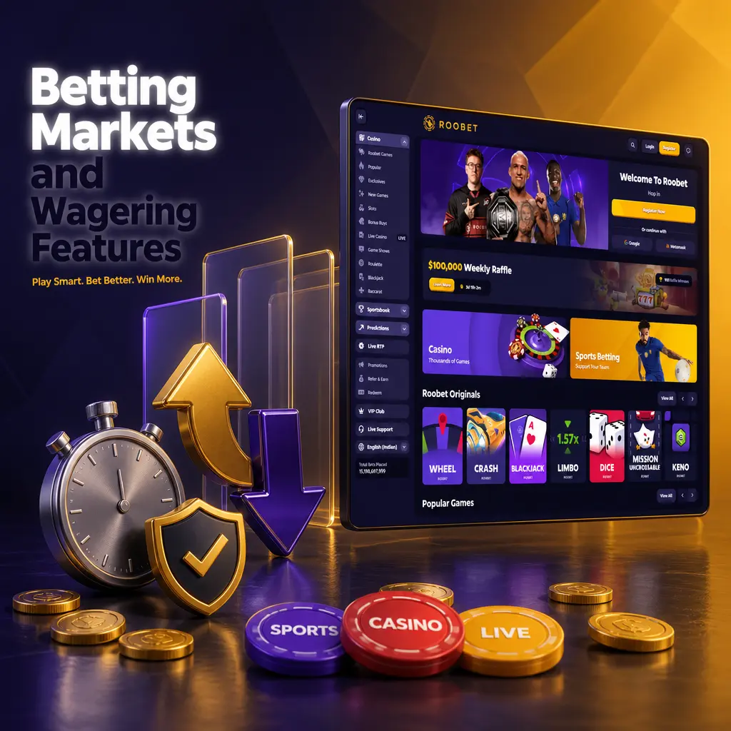 Roobet betting markets showing match winner, over/under, handicap, and live odds updating during a match.