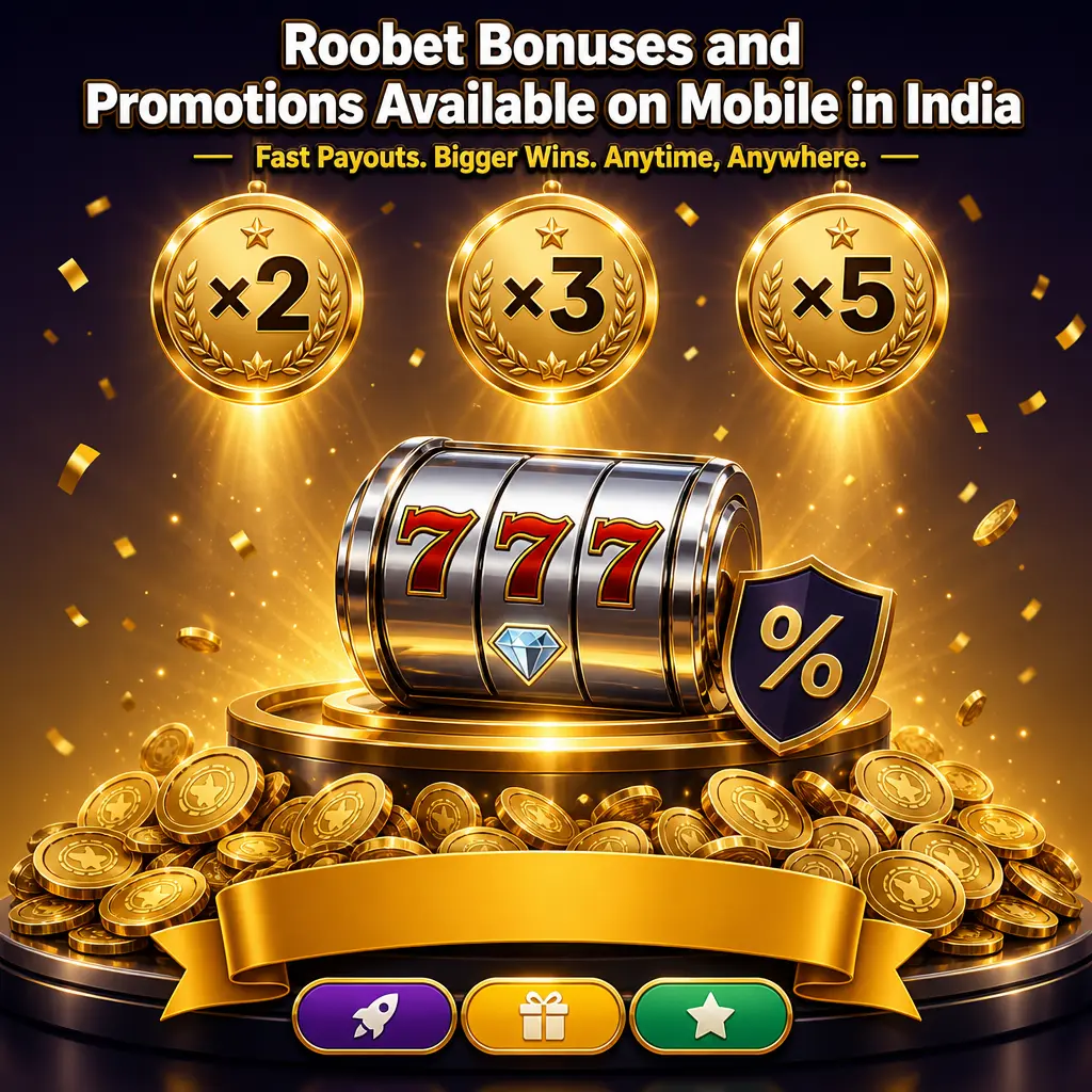 Roobet mobile app in India showing Promotions tab with Weekly Raffle, rakeback, and Level Up bonus offers