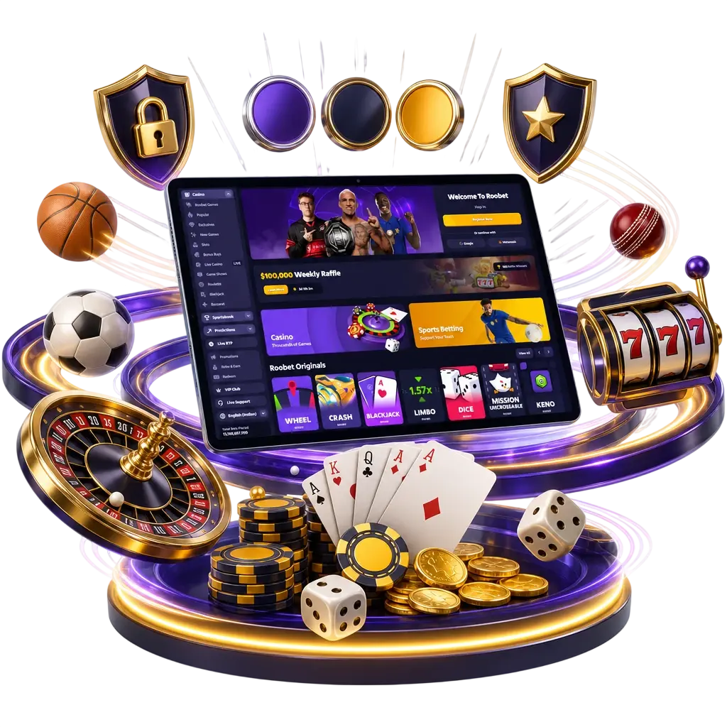 Roobet India online casino and sportsbook offering cricket, football, tennis betting, slots, live dealers, and crypto payments.