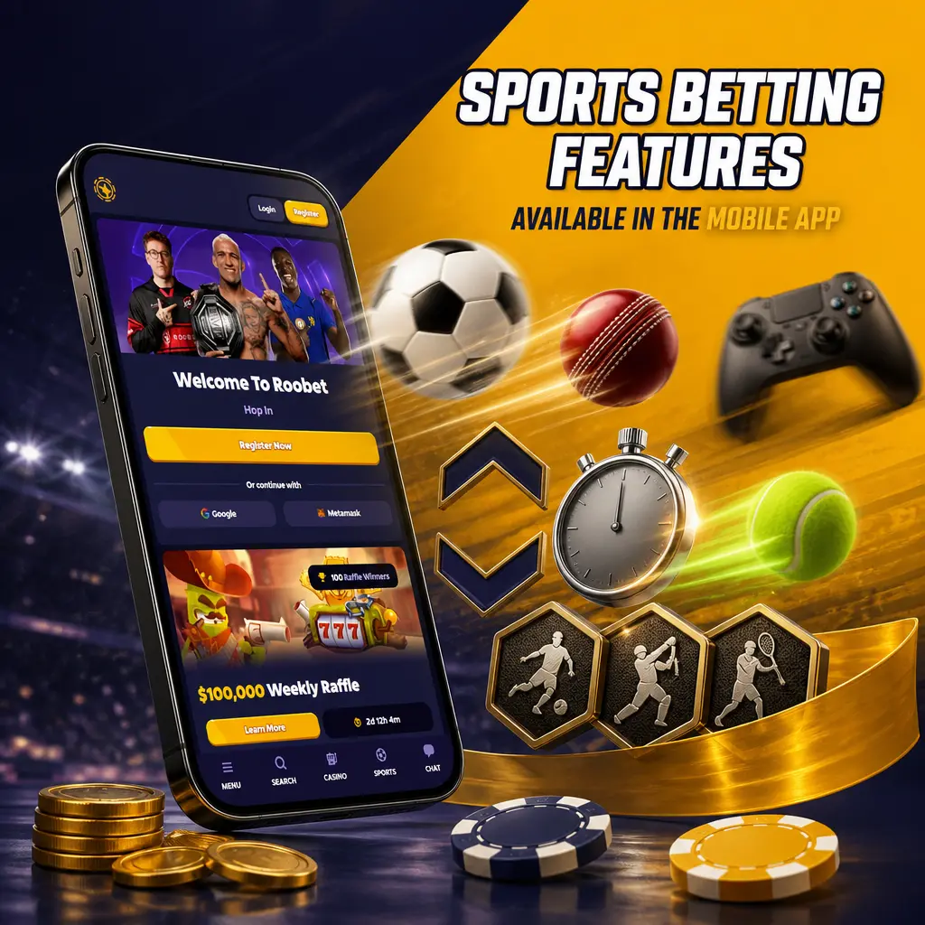 Roobet mobile app sports betting screen showing live odds, cricket, football and tennis markets with cash out feature
