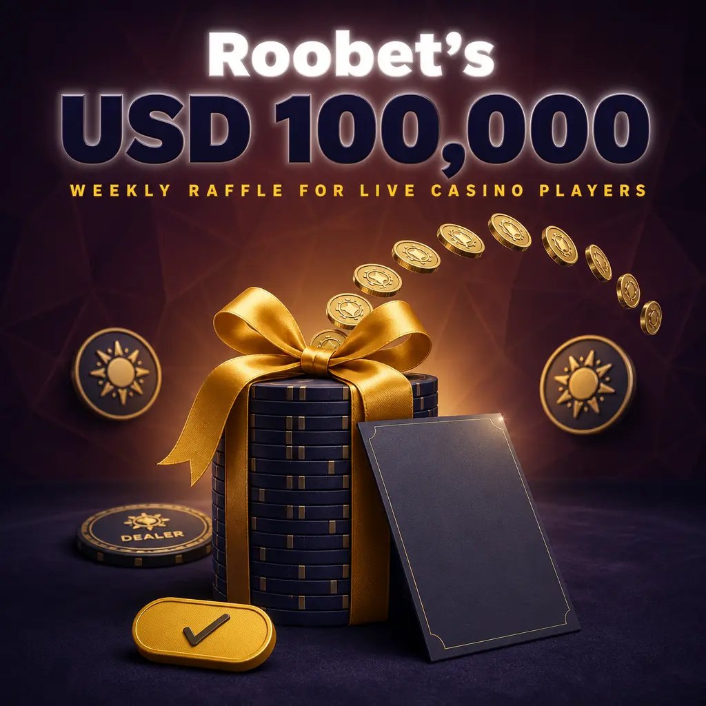 Roobet Live Casino weekly raffle promo banner offering USD 100,000 prize for wagers on blackjack, baccarat, and roulette