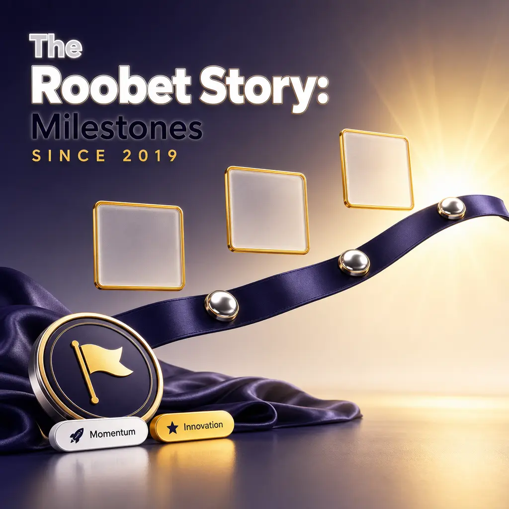 Timeline graphic showing Roobet's milestones from its 2019 launch to sportsbook expansion and South Asia growth by 2026