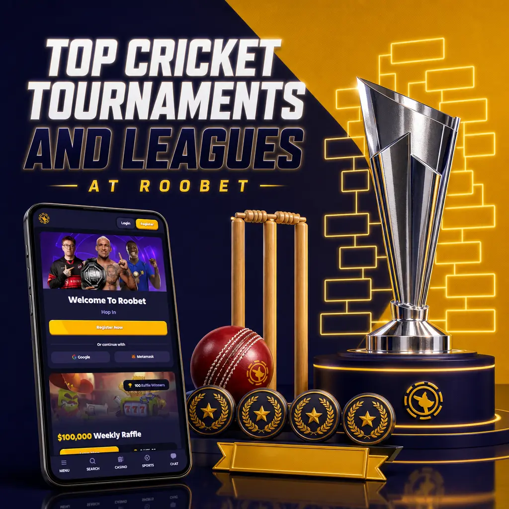 Top cricket tournaments and leagues available for betting at Roobet, including IPL, BPL, T20 World Cup, and Asia Cup